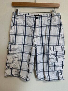 Lee White Blue Plaid Cargo Shorts Boys 100% Cotton Sz 16R EUC
